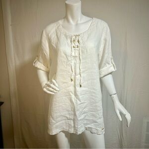 Ellen Tracy 100% Linen White Lace-Up Tunic Top Unisex XL V-Neck Side Slits